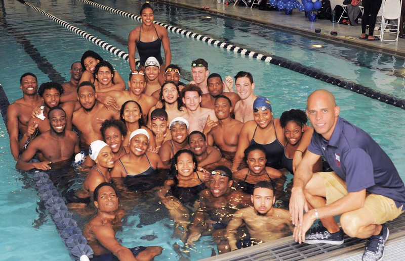 Latroya Pina (back, say on a teammate’s shoulders) along with the rest of her Howard Swimming and Diving team. Howard is the only HBCU to offer competitive swimming